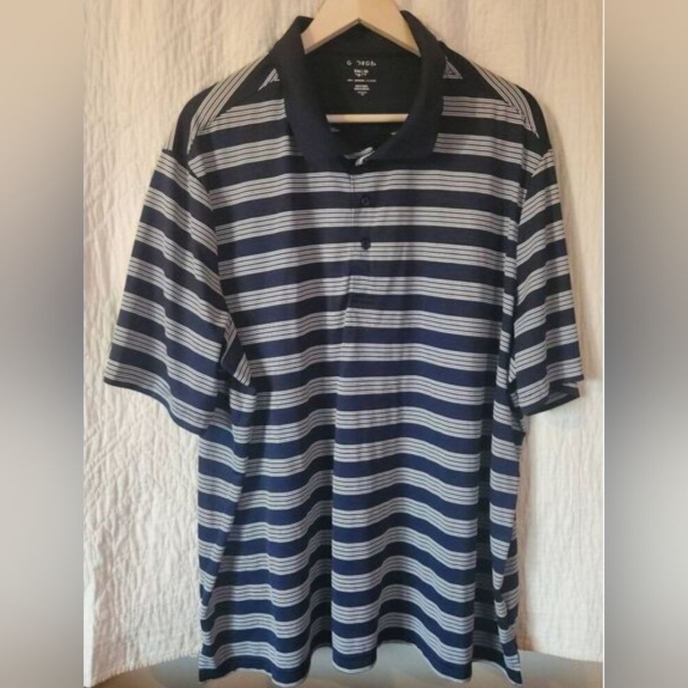 M59 George Navy and White Striped Gold Polo Shirt - Short Sleeved